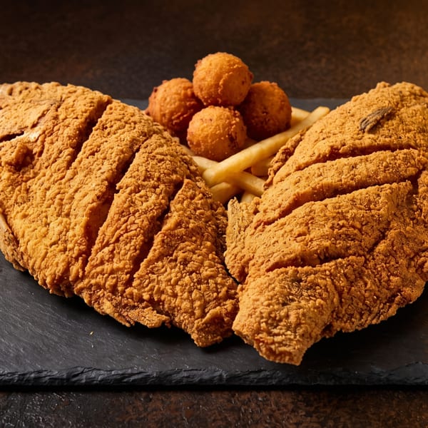Two crispy fried fish fillets with french fries and hush puppies on a dark slate board.