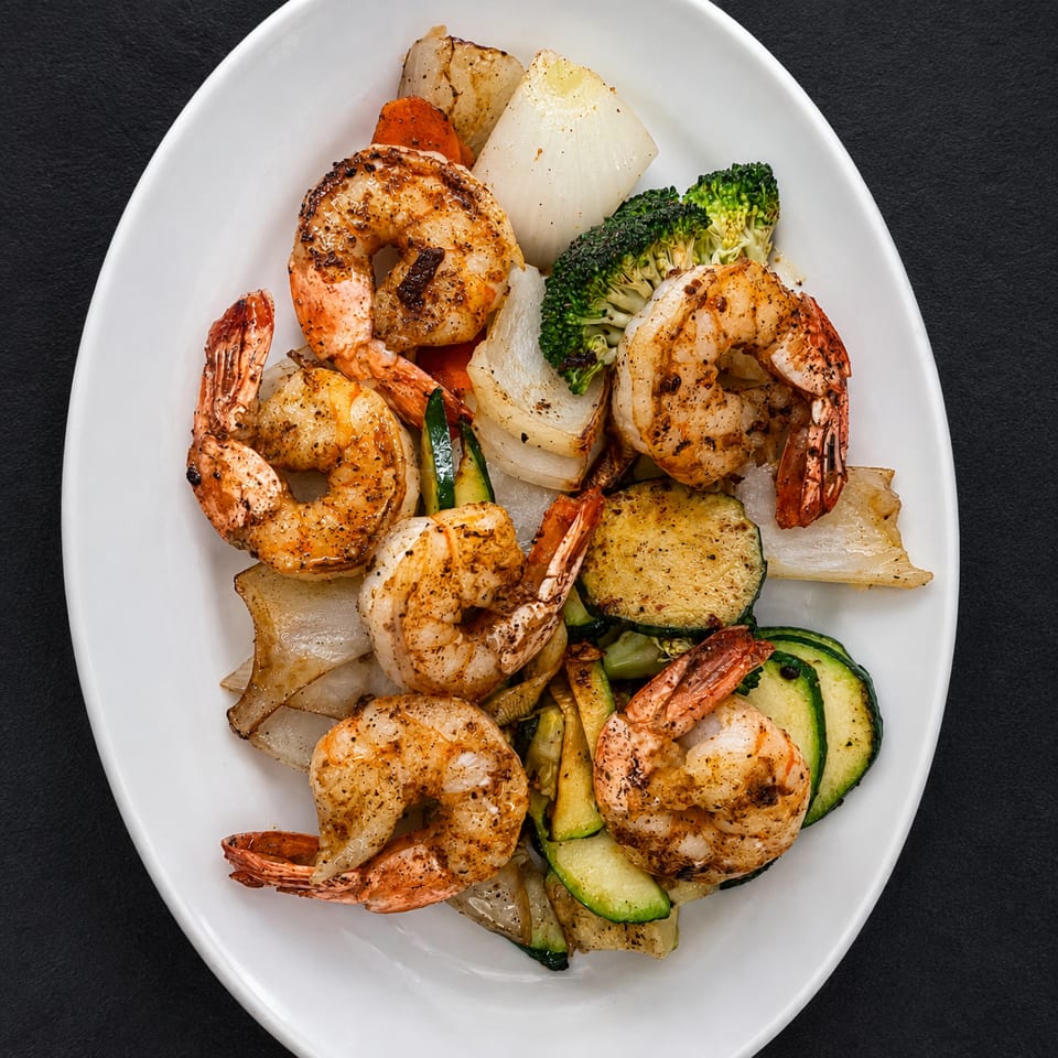 Grilled shrimp and mixed vegetables including zucchini, broccoli, onions, and carrots on a white plate.