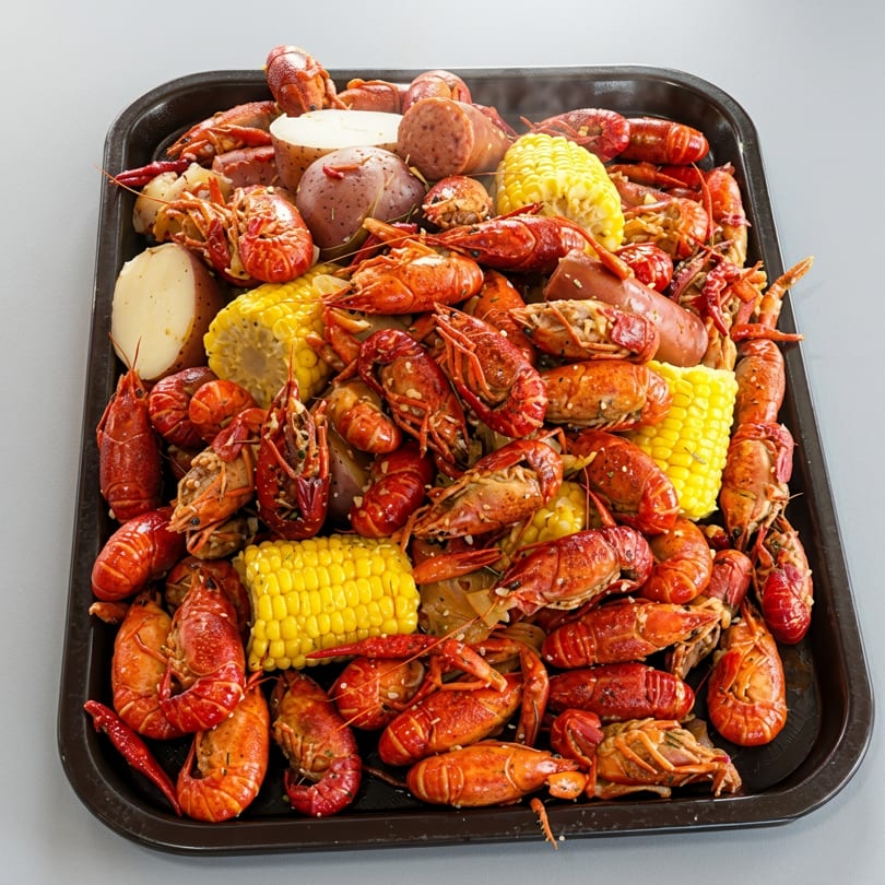 A large tray of steaming crawfish boil with corn on the cob, potatoes, and sausage.