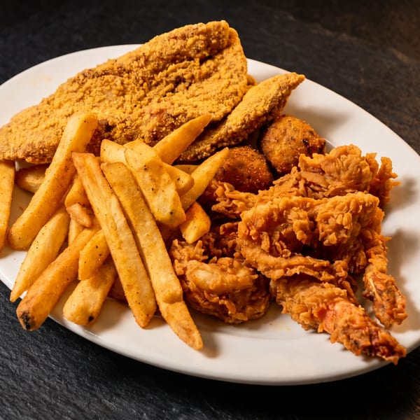 A white plate filled with golden-brown fried fish, french fries, hush puppies, and fried shrimp.