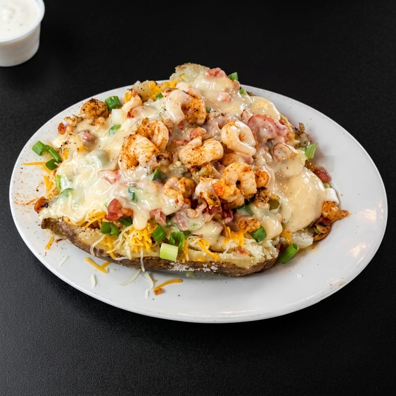A loaded baked potato topped with shrimp, cheese, green onions, and a creamy sauce on a white plate.